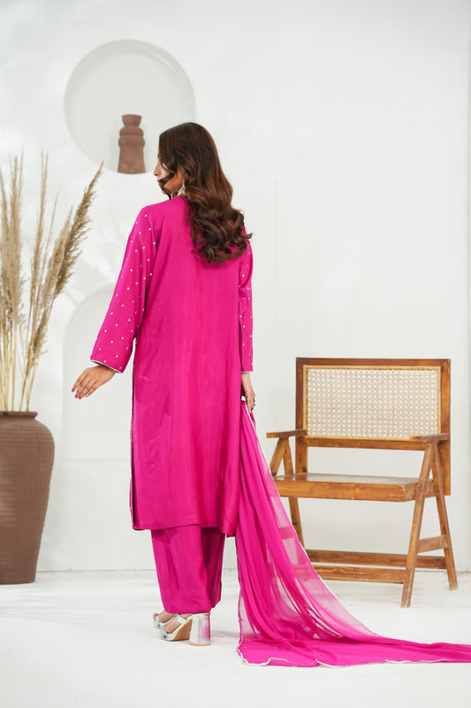 Pink Embellished  Cotton Silk  – 3PC Stitched Suit