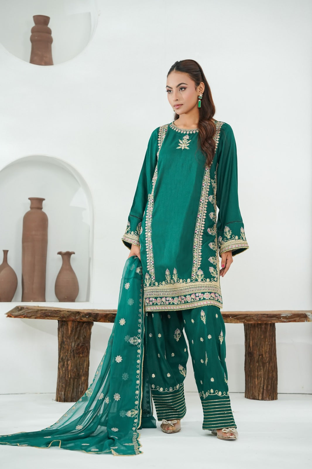 Green Embroidered INDIAN RAW SILK – 3PC Stitched Suit