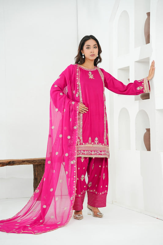 Pink Embroidered INDIAN RAW SILK – 3PC Stitched Suit