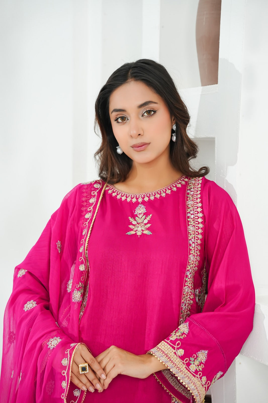 Pink Embroidered INDIAN RAW SILK – 3PC Stitched Suit