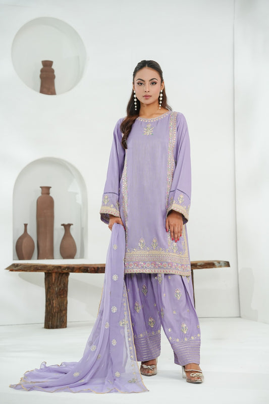 Lilac Embroidered INDIAN RAW SILK – 3PC Stitched Suit