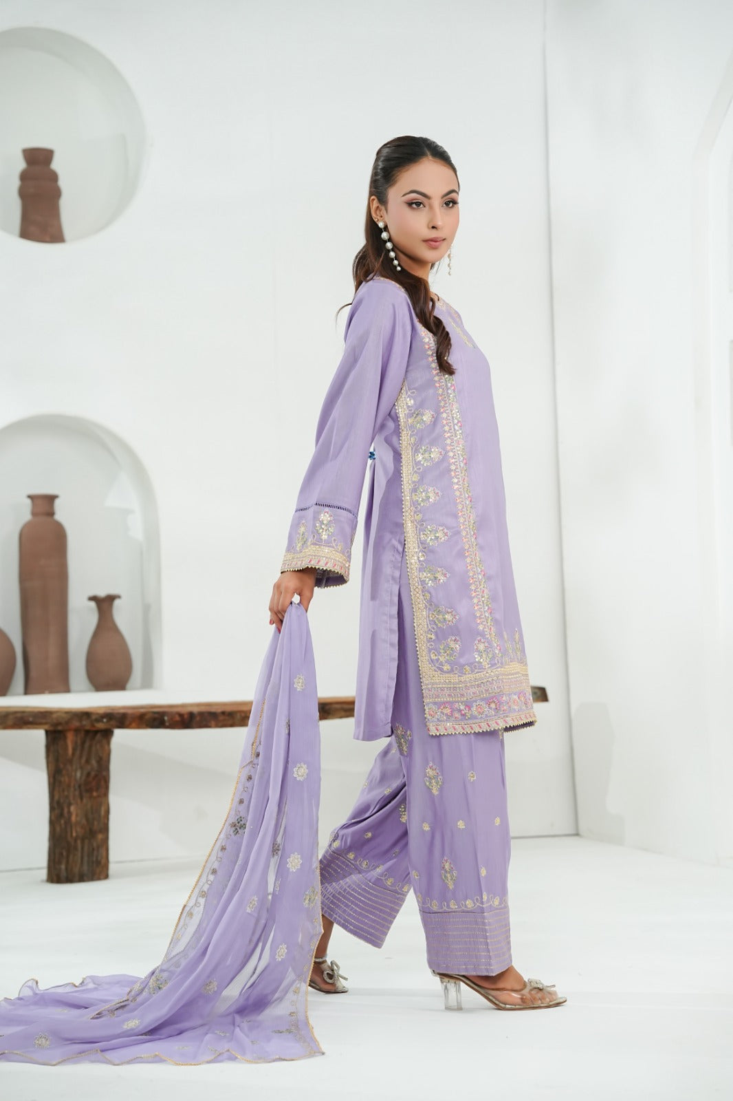 Lilac Embroidered INDIAN RAW SILK – 3PC Stitched Suit
