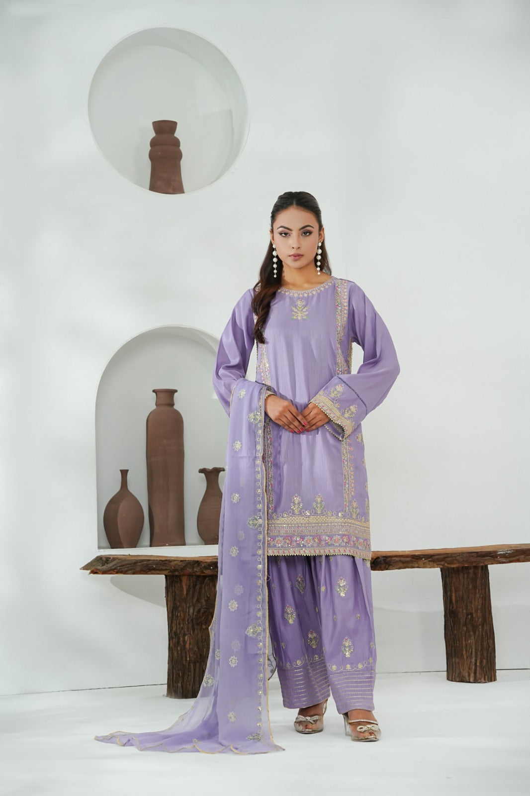 Lilac Embroidered INDIAN RAW SILK – 3PC Stitched Suit