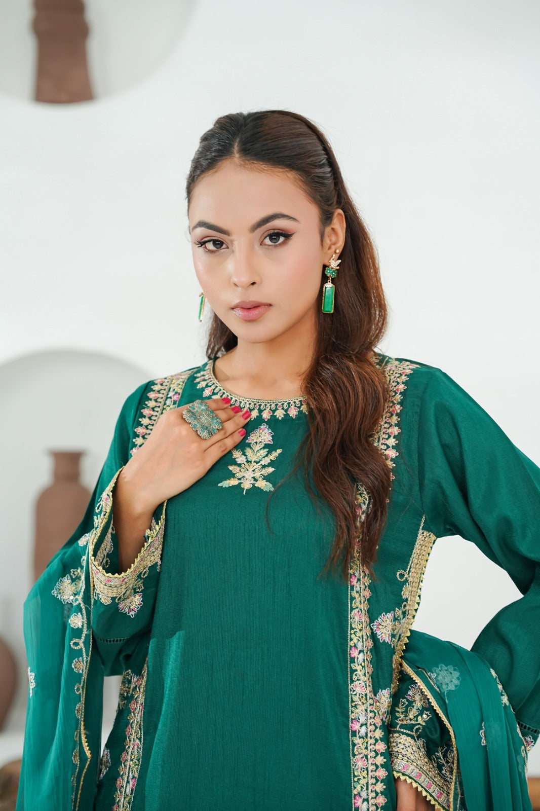 Green Embroidered INDIAN RAW SILK – 3PC Stitched Suit