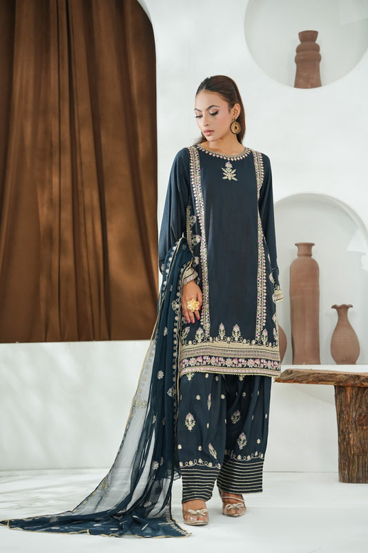 Black Embroidered INDIAN RAW SILK – 3PC Stitched Suit