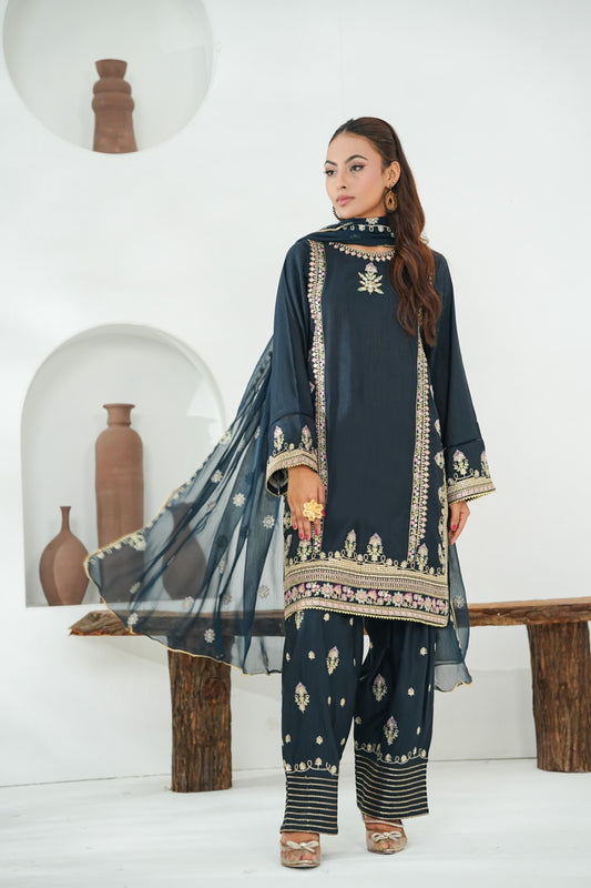 Black Embroidered INDIAN RAW SILK – 3PC Stitched Suit