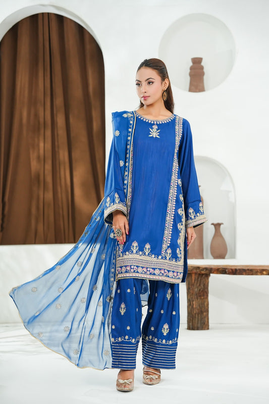 Blue Embroidered INDIAN RAW SILK – 3PC Stitched Suit