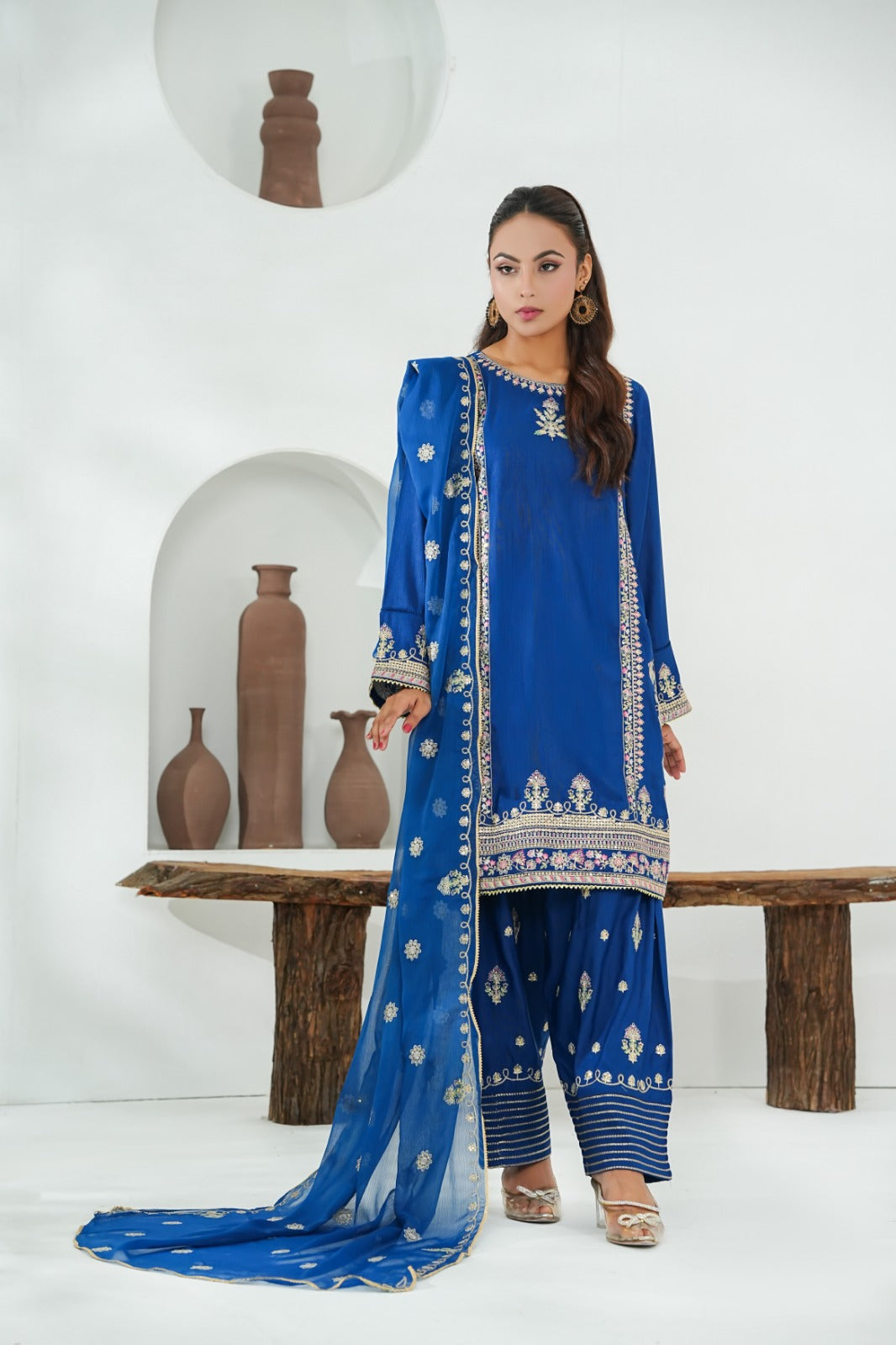 Blue Embroidered INDIAN RAW SILK – 3PC Stitched Suit