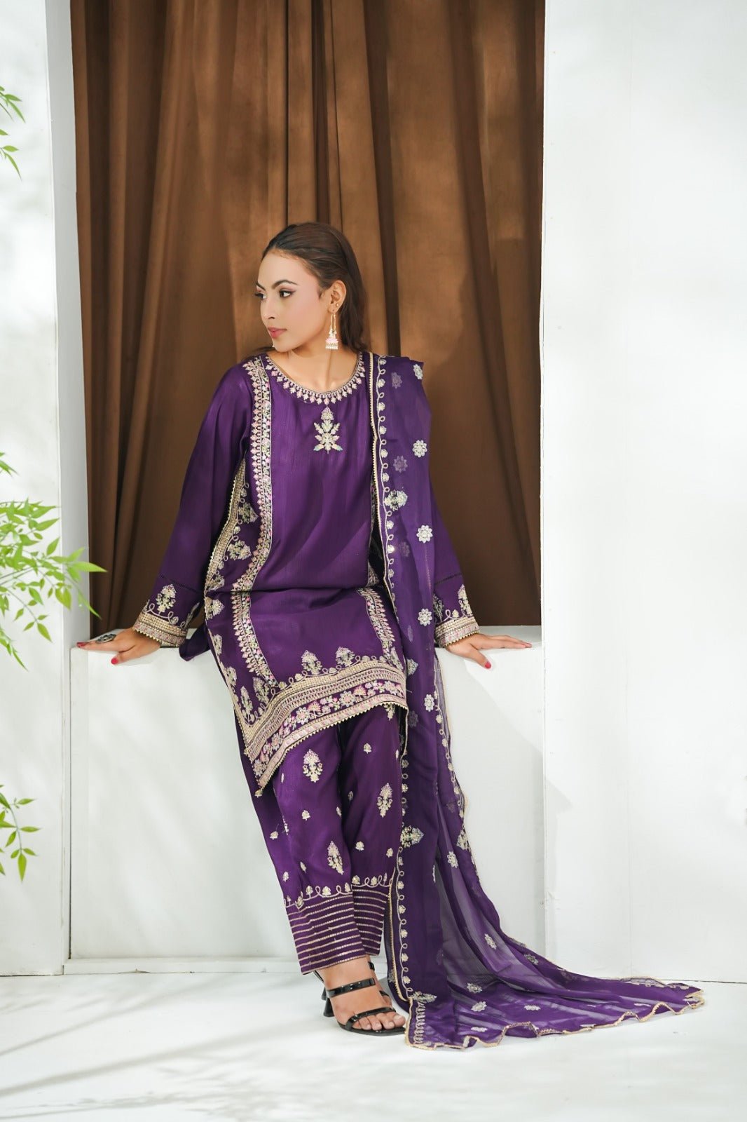 Purple Embroidered INDIAN RAW SILK – 3PC Stitched Suit