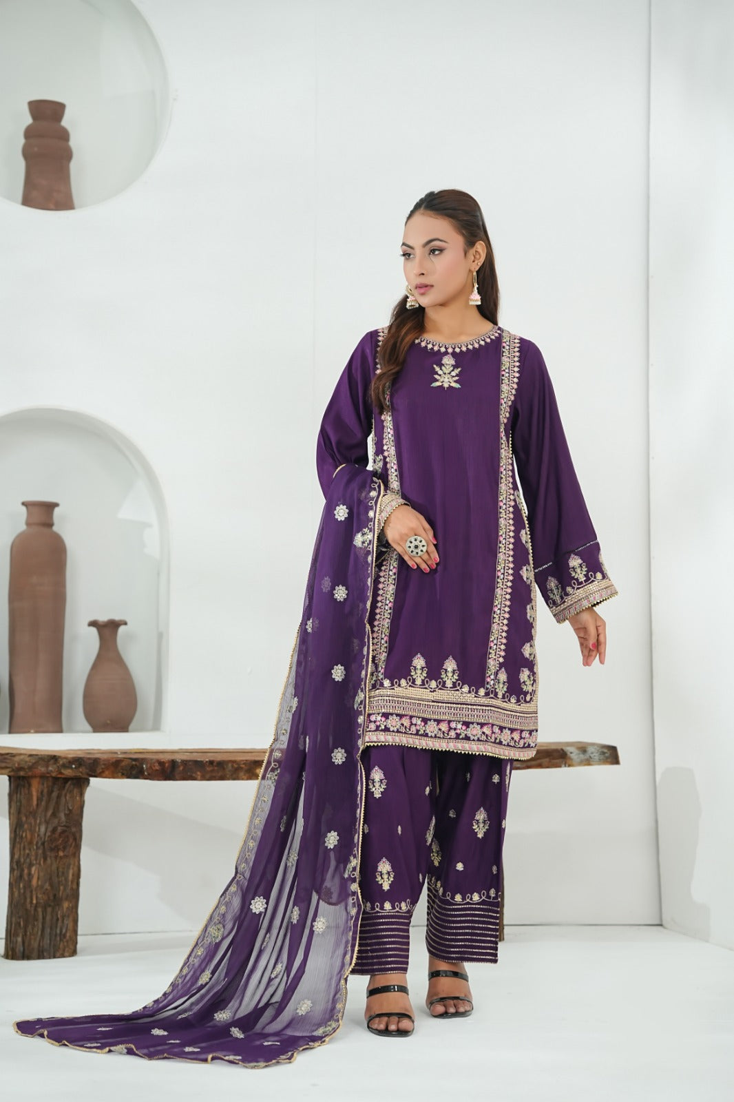 Purple Embroidered INDIAN RAW SILK – 3PC Stitched Suit