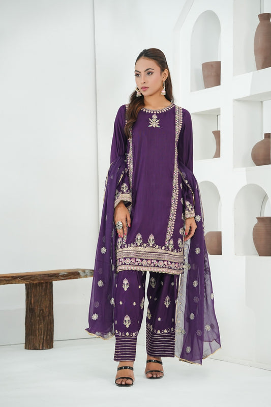 Purple Embroidered INDIAN RAW SILK – 3PC Stitched Suit