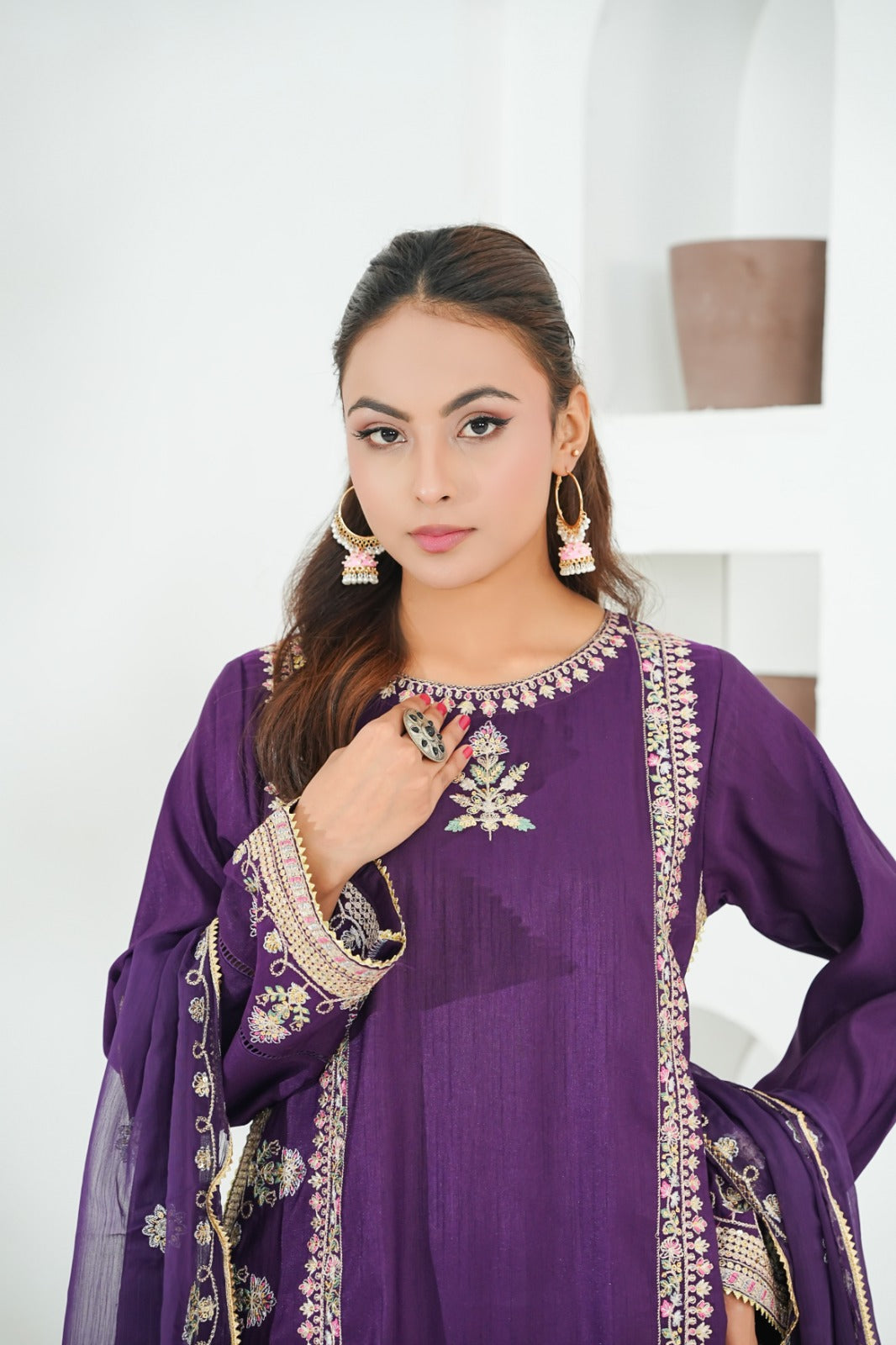 Purple Embroidered INDIAN RAW SILK – 3PC Stitched Suit