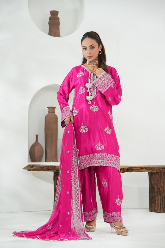 Pink Embroidered INDIAN RAWSILK– 3PC Stitched Suit