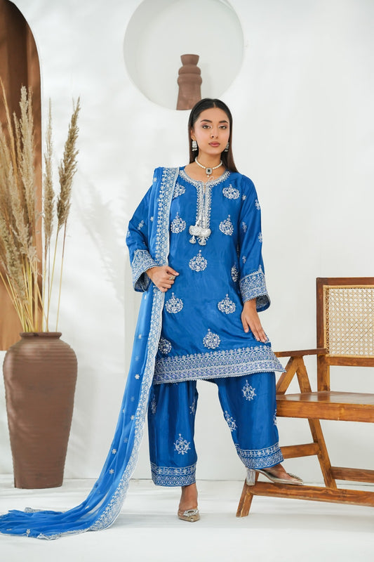 Blue Embroidered INDIAN RAWSILK – 3PC Stitched Suit