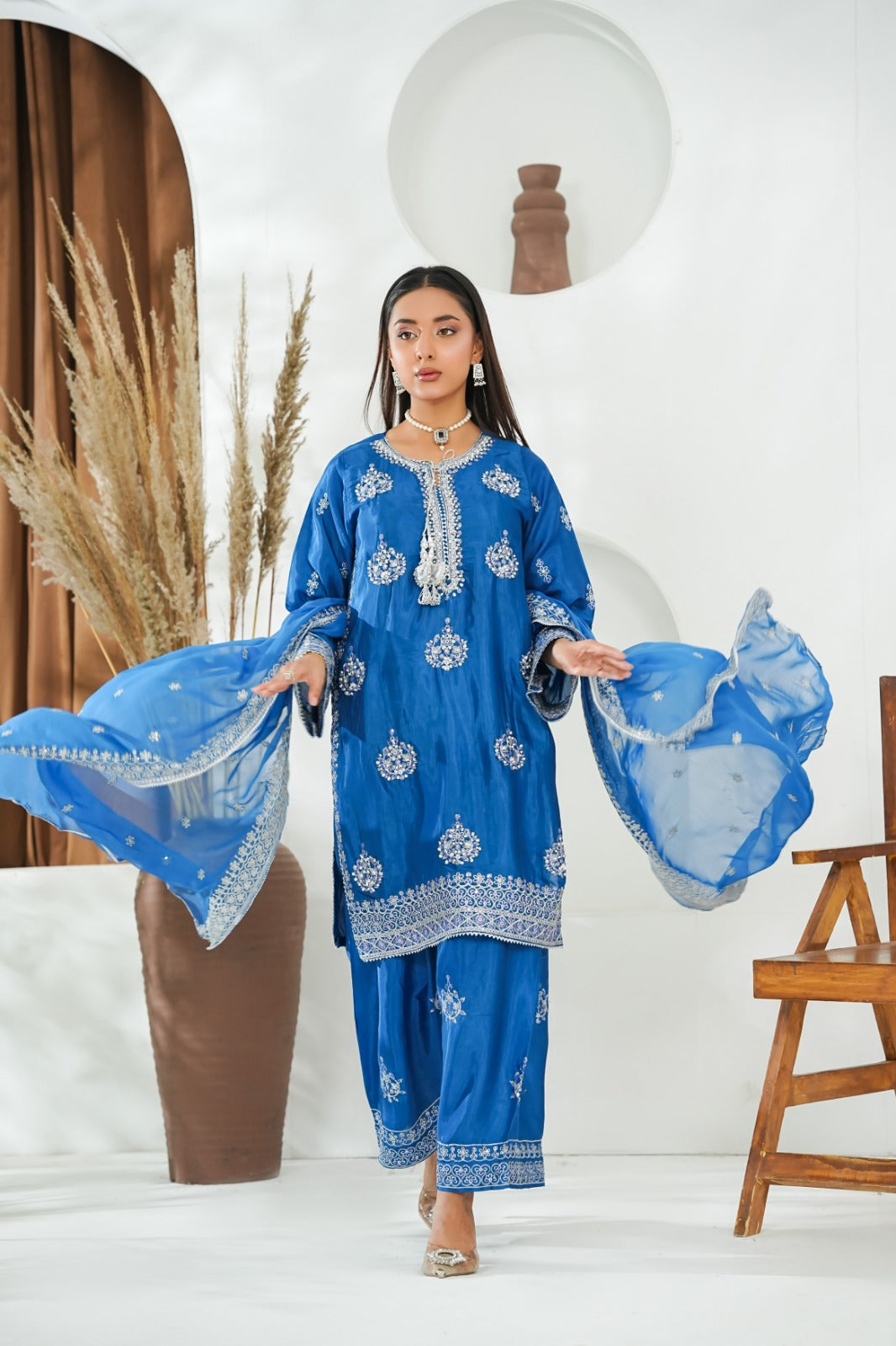 Blue Embroidered INDIAN RAWSILK – 3PC Stitched Suit