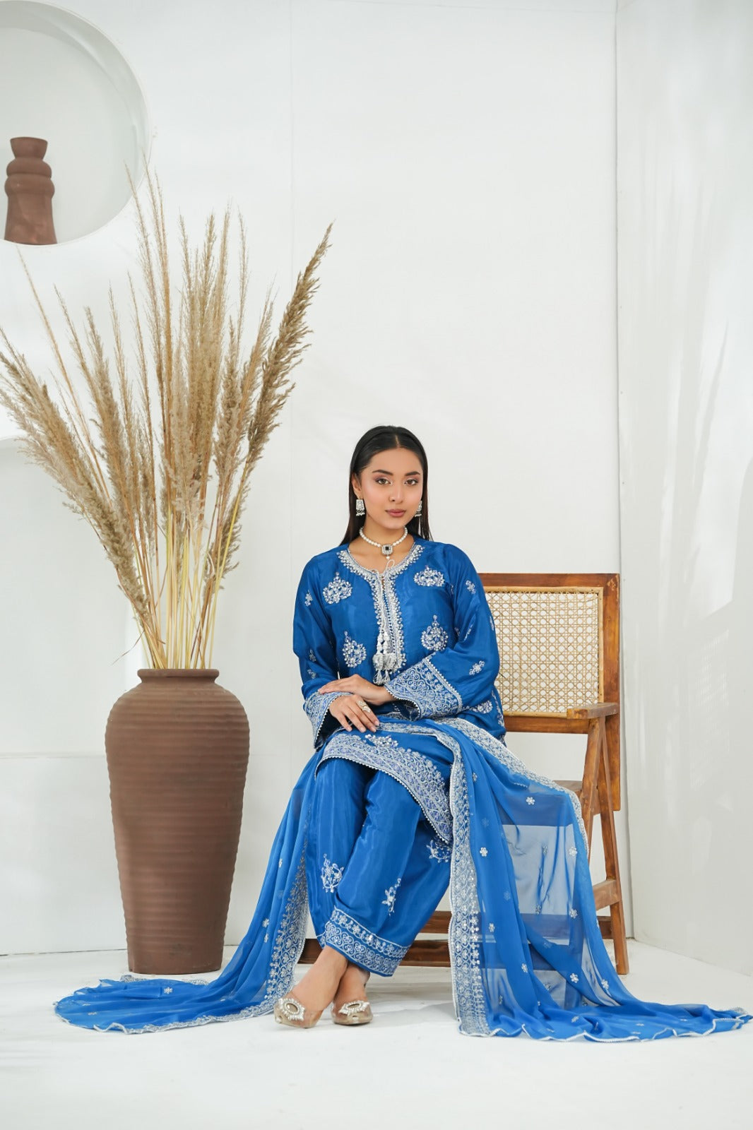 Blue Embroidered INDIAN RAWSILK – 3PC Stitched Suit
