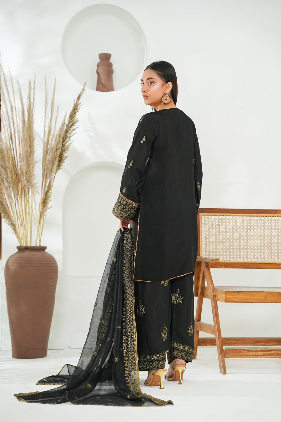 Black Embroidered INDIAN RAWSILK – 3PC Stitched Suit