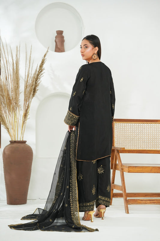 Black Embroidered INDIAN RAWSILK – 3PC Stitched Suit