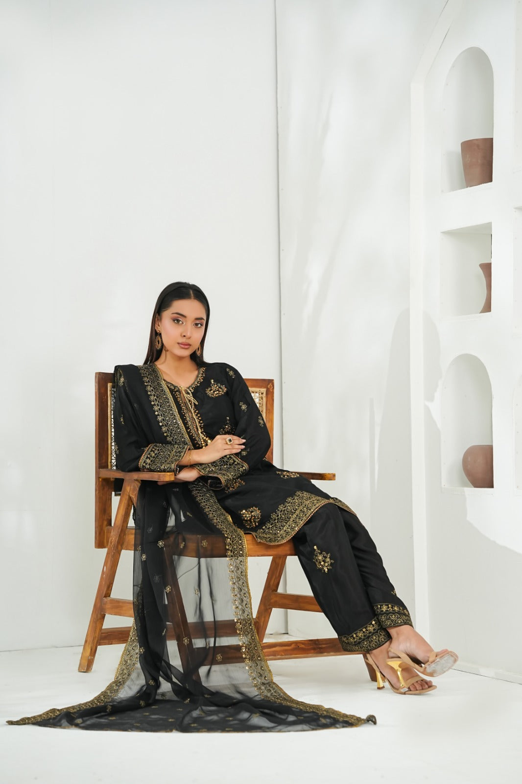 Black Embroidered INDIAN RAWSILK – 3PC Stitched Suit
