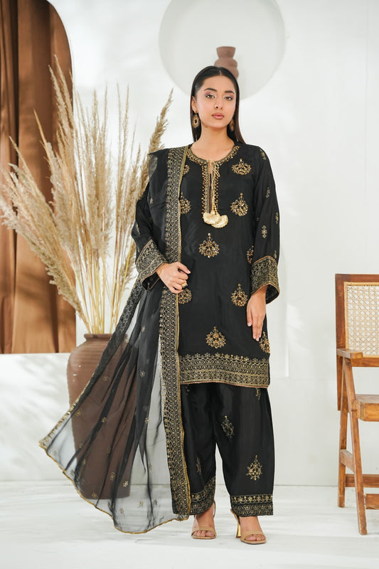 Black Embroidered INDIAN RAWSILK – 3PC Stitched Suit