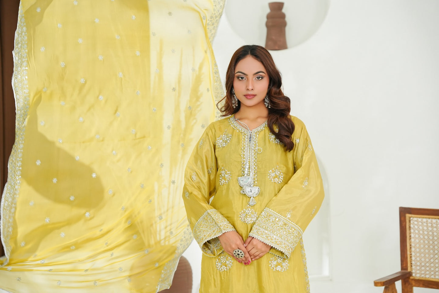 Mustard Embroidered INDIAN RAW SILK – 3PC Stitched Suit