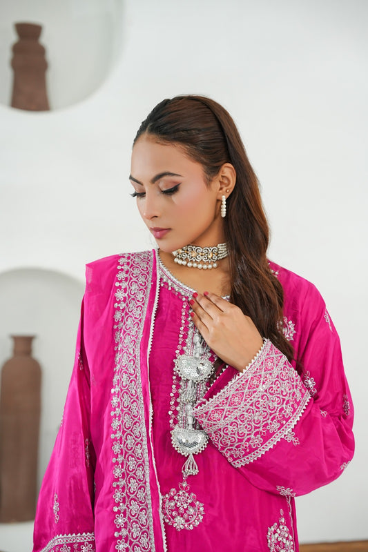 Pink Embroidered INDIAN RAWSILK– 3PC Stitched Suit