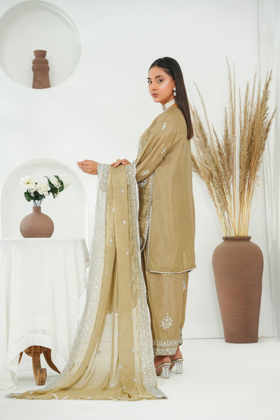 Camel Embroidered INDIAN RAWSILK – 3PC Stitched Suit