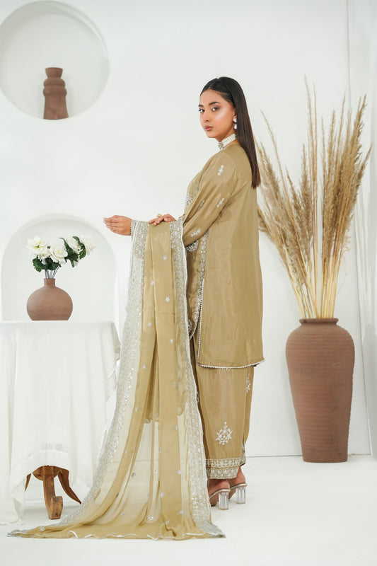 Camel Embroidered INDIAN RAWSILK – 3PC Stitched Suit