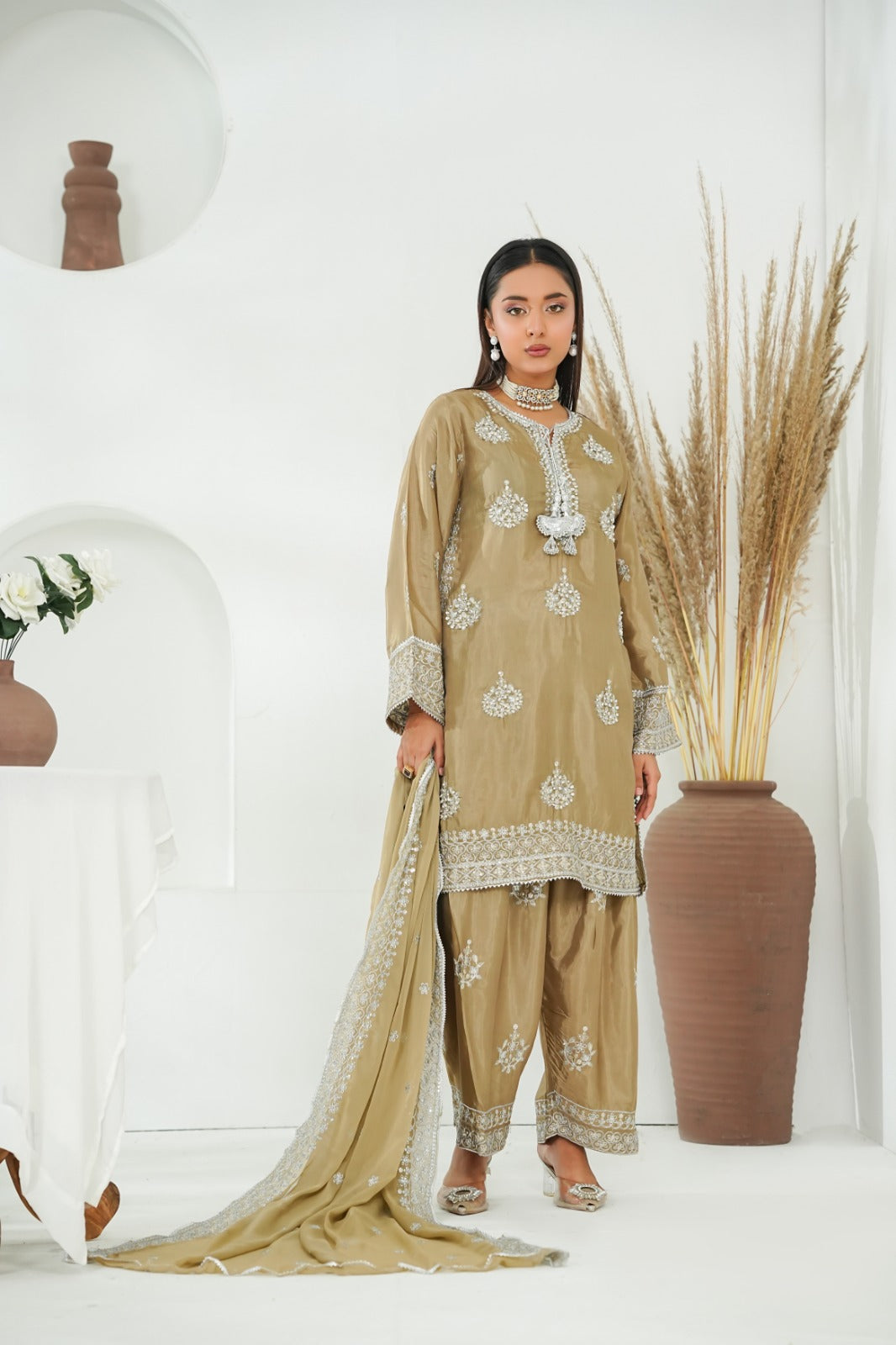 Camel Embroidered INDIAN RAWSILK – 3PC Stitched Suit