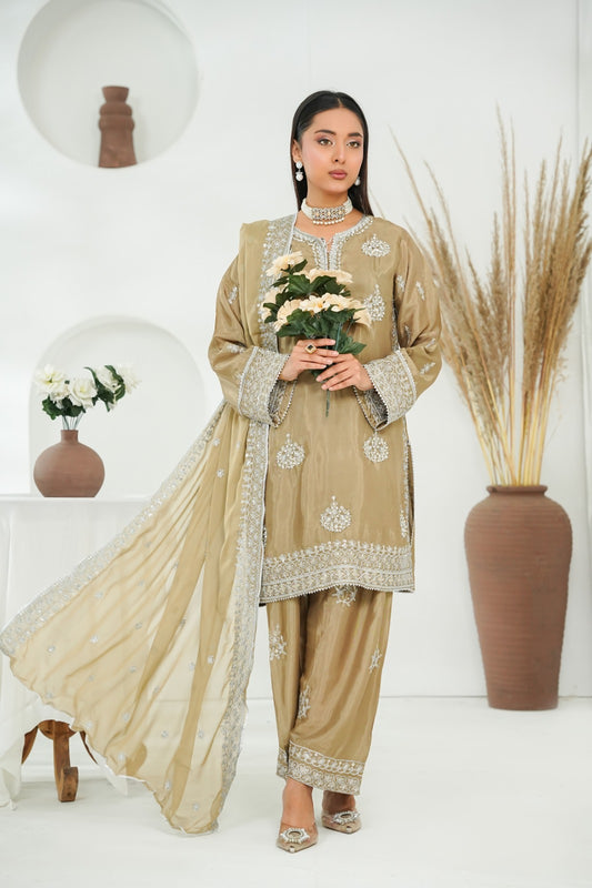 Camel Embroidered INDIAN RAWSILK – 3PC Stitched Suit