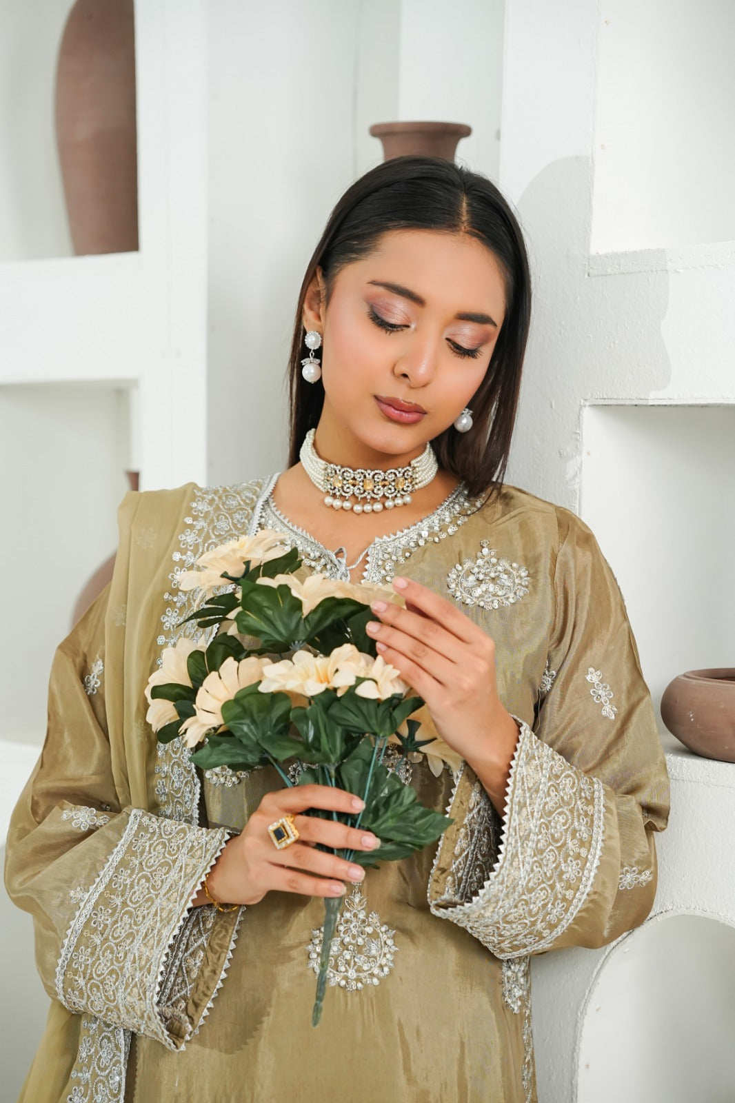 Camel Embroidered INDIAN RAWSILK – 3PC Stitched Suit