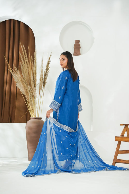 Blue Embroidered INDIAN RAWSILK – 3PC Stitched Suit