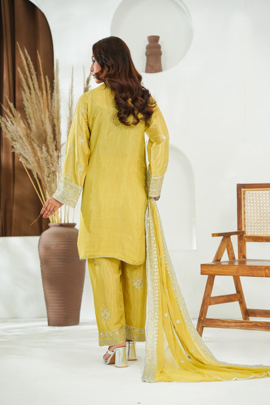 Mustard Embroidered INDIAN RAW SILK – 3PC Stitched Suit