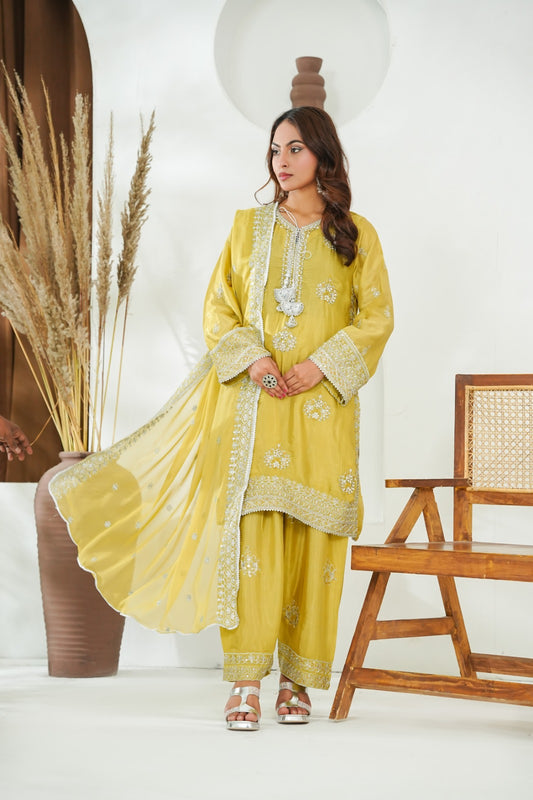 Mustard Embroidered INDIAN RAW SILK – 3PC Stitched Suit