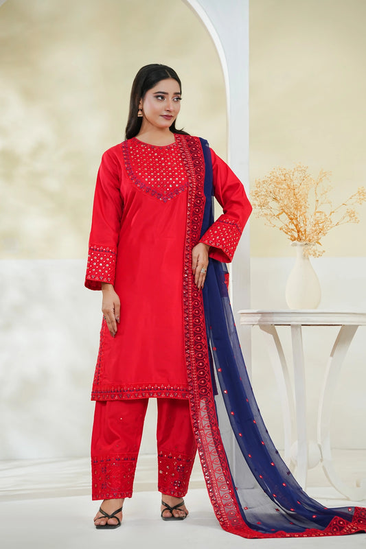 Silk Embroidered 3PC Suit – Red Elegance (Stitched)