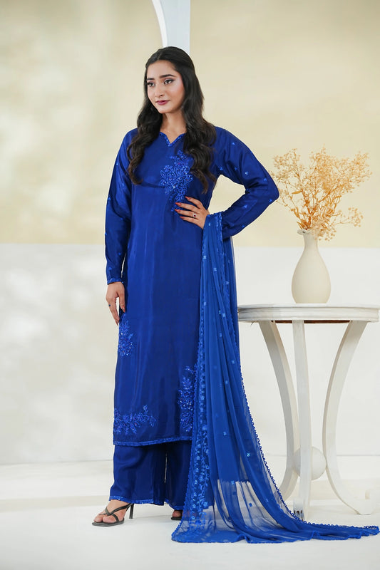 Cotton Silk Embroidered 3PC Suit – Elegant Long Shirt Design (Stitched)