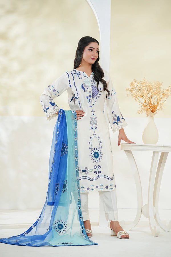 Premium Cotton Silk Embroidered 3PC Suit – Double Shaded Organza Dupatta (Stitched)