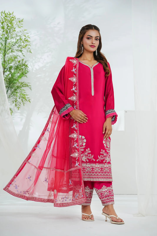 Luxury Cotton Silk Embroidered 3PC Suit with Organza Dupatta (stitched)