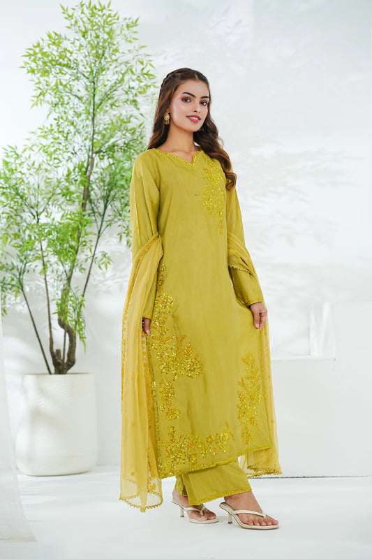 Cotton Silk Embroidered 3PC Suit – Elegant Long Shirt Design (Stitched)