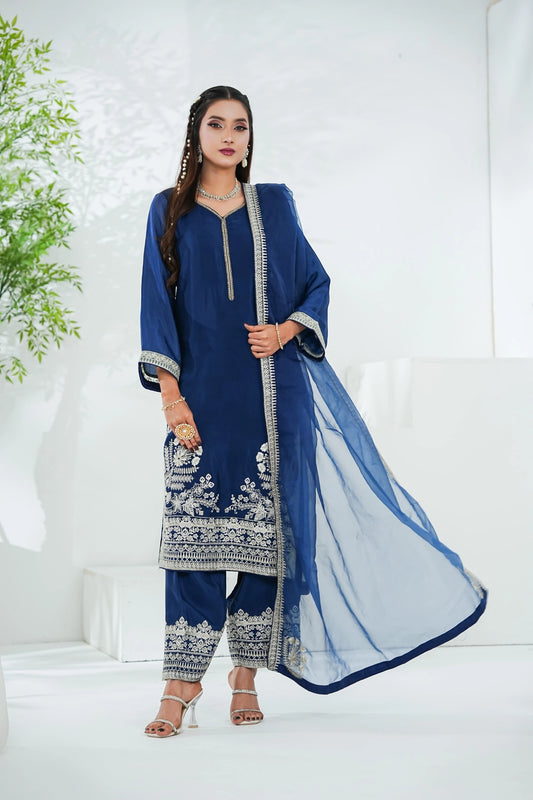 Luxury Cotton Silk Embroidered 3PC Suit with Organza Dupatta (stitched)