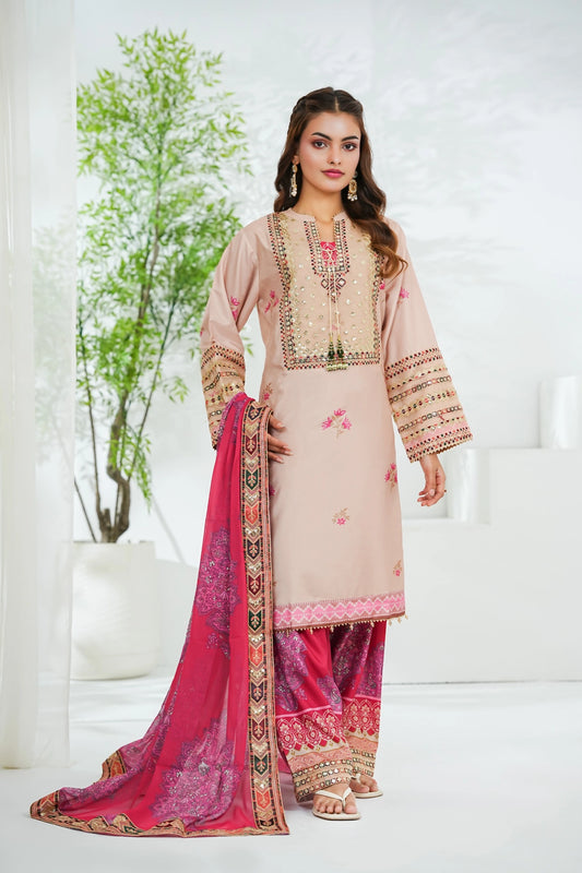 Silk Embroidered & Printed 3PC Suit – Luxurious Fusion Design (Stitched)