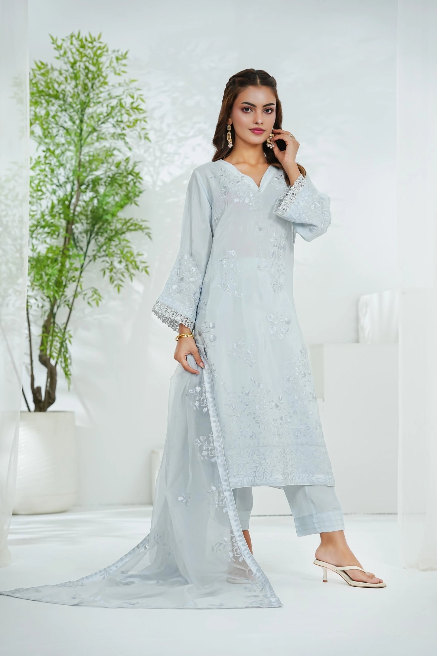 Cotton Silk Embroidered 3PC Suit with Organza Dupatta – Premium Stitched Collection