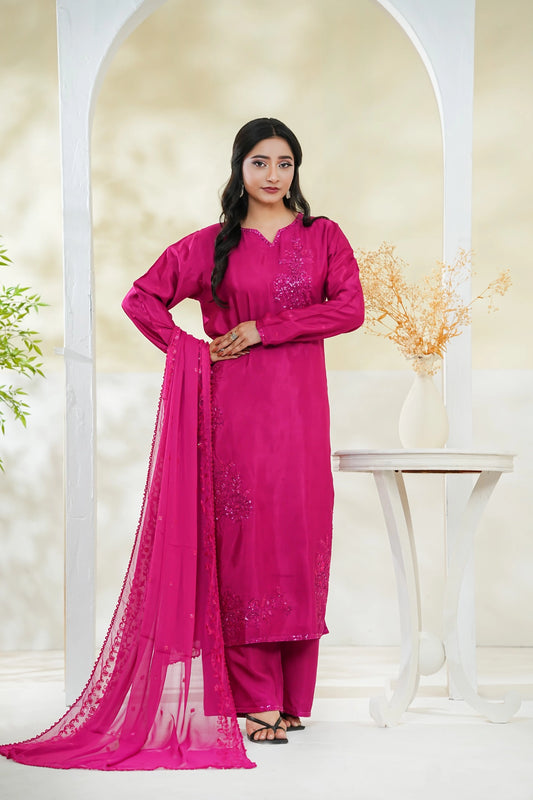 Cotton Silk Embroidered 3PC Suit – Elegant Long Shirt Design (Stitched)