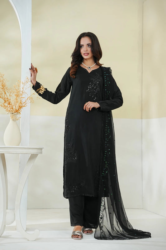 Cotton Silk Embroidered 3PC Suit – Elegant Long Shirt Design (Stitched)