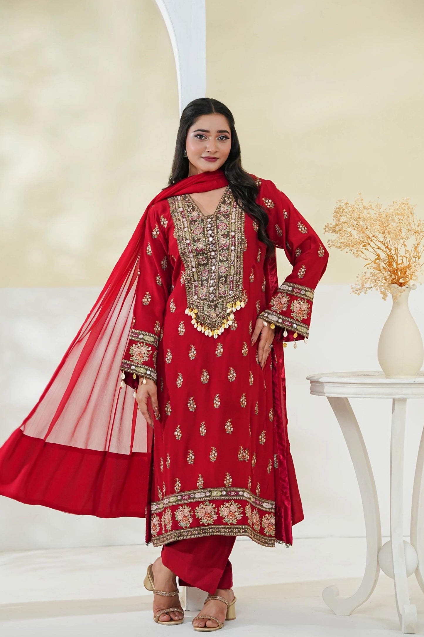 Cotton Silk Embroidered 3PC Suit with Chiffon Dupatta (Stitched)