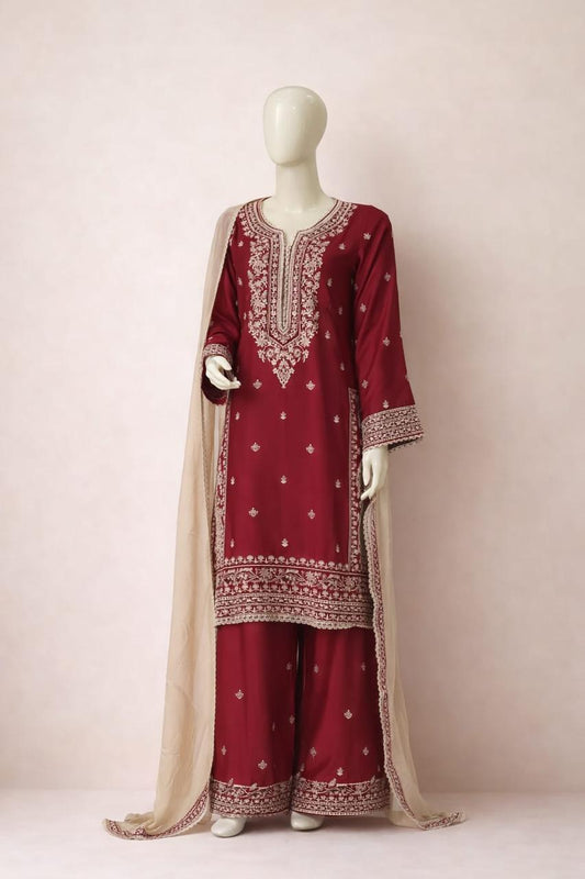 Pasand of Lahore 3-Piece Premium Viscose Suit –  Mehroon (PL-330)