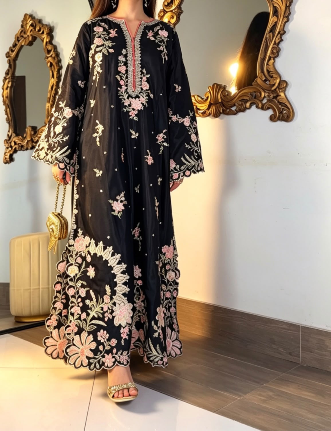 Amna Khurram Silk Embroidered Kaftan Stitched 3 Piece Suit