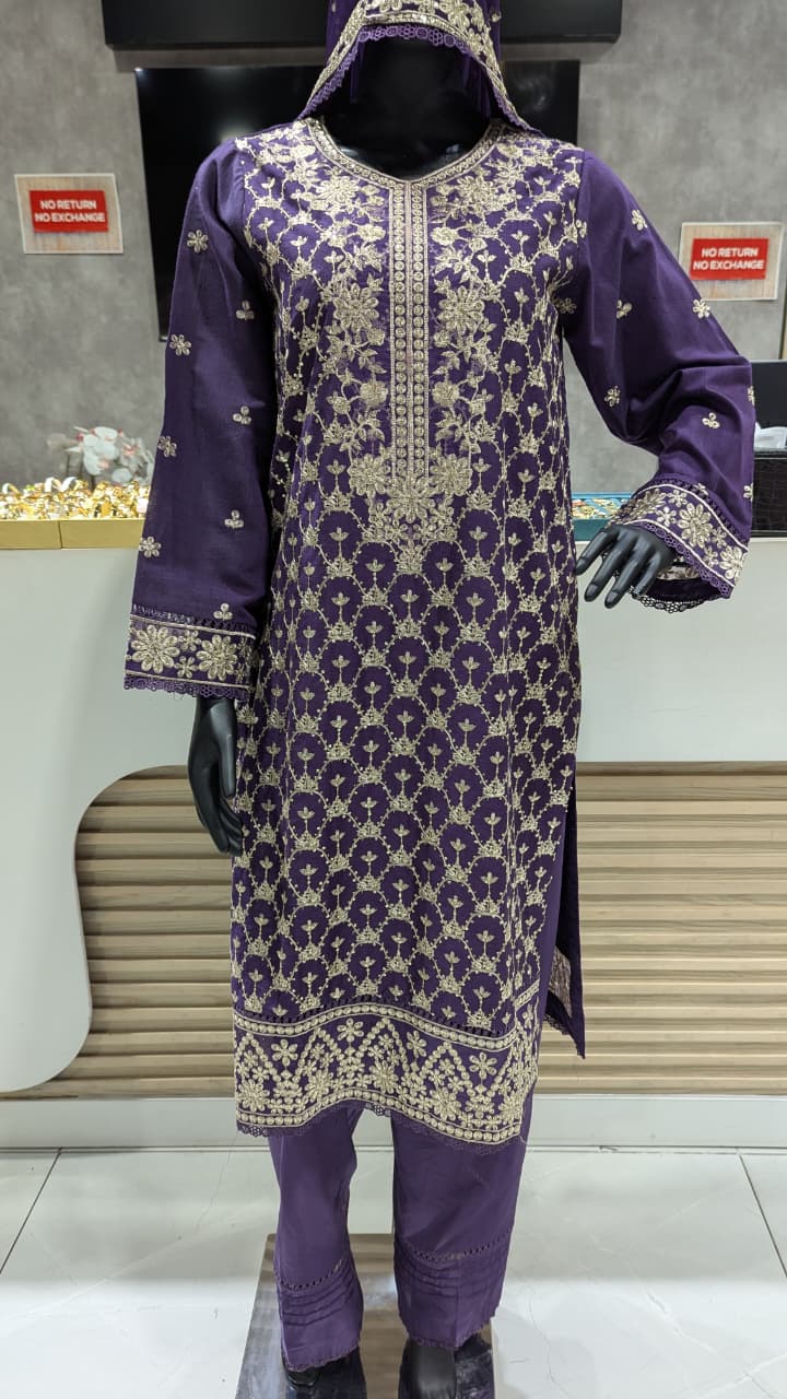 GABA Embroidered 3-Piece Stitched Suit with Chiffon Dupatta (01)