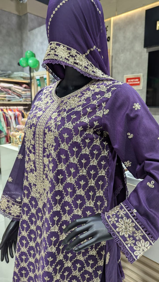 GABA Embroidered 3-Piece Stitched Suit with Chiffon Dupatta (01)