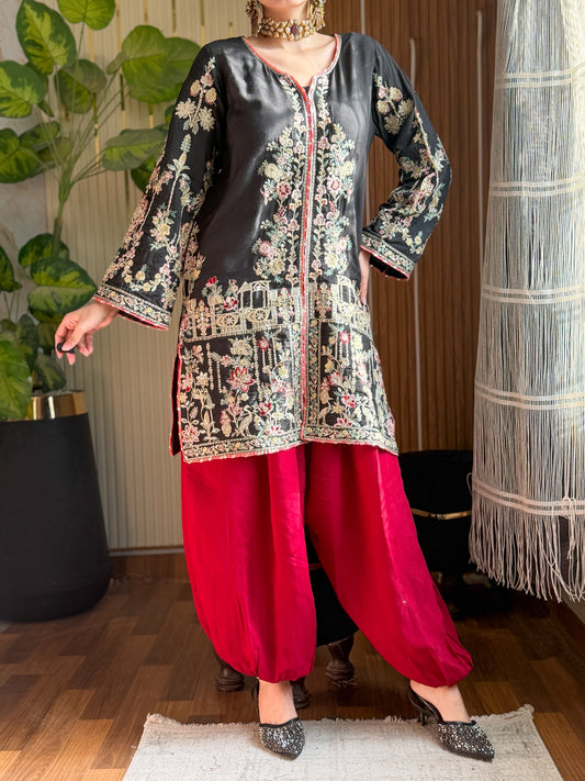 Amna khurram Viscose 3 Piece Embroidered Shirt & Balloon Pant Set (01)